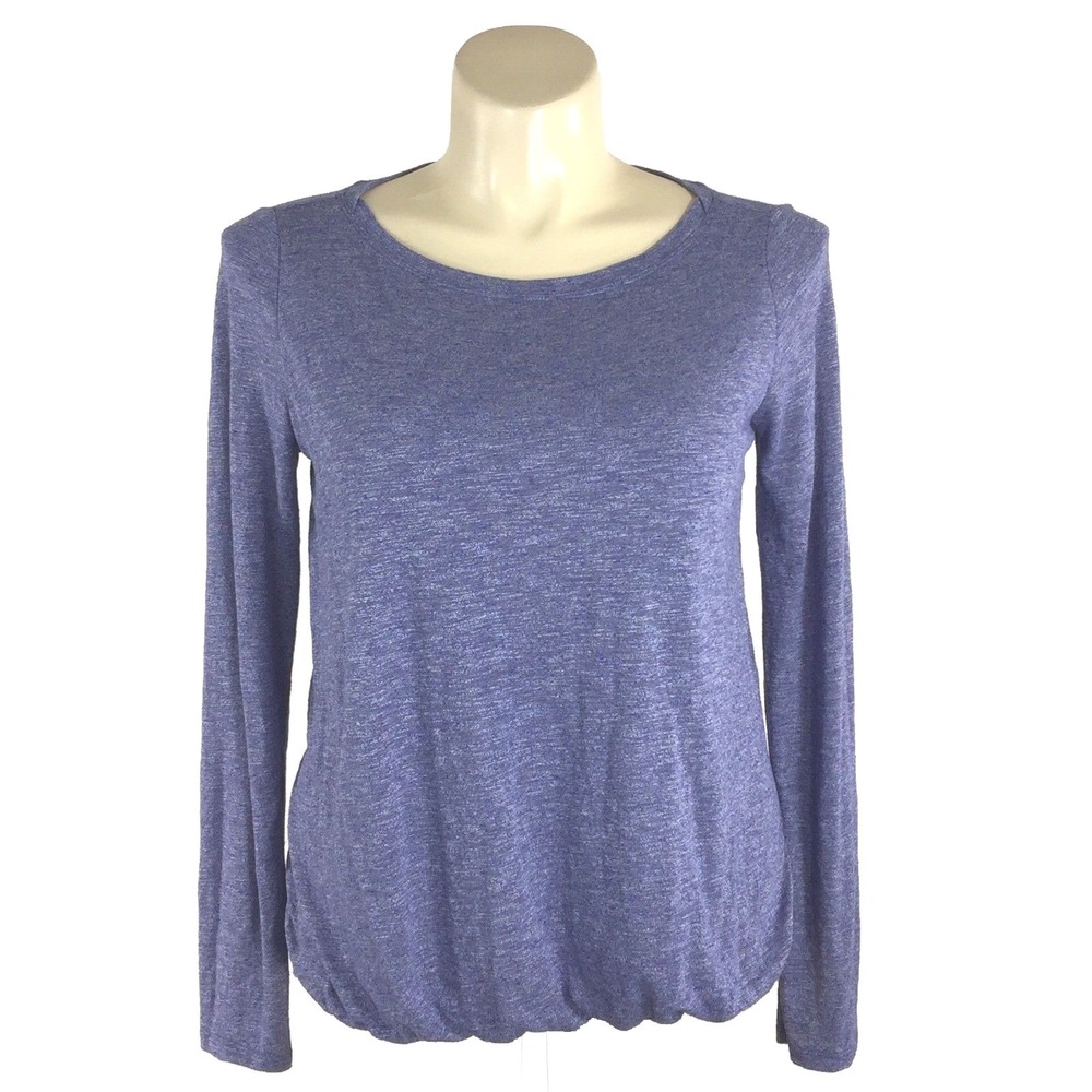 Athleta Top MED Heather Blue Pullover Long Sl T Shirt Scoop Pleat Hem Yoga Comfy